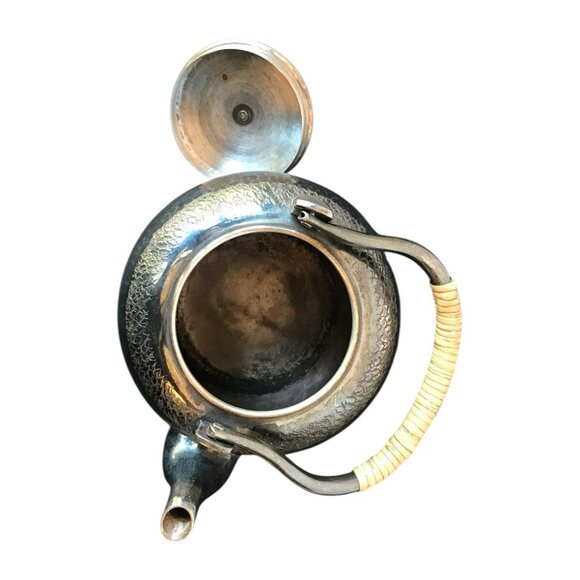 Japanese Vintage Hammered Silver Teapot With Makers Mark & Wicker Handle - Picture 9 of 11